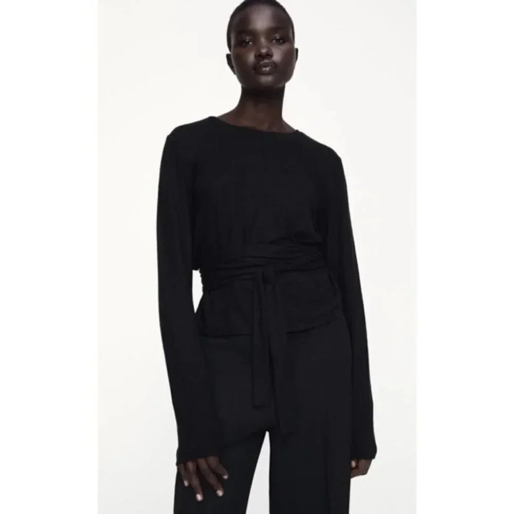 Zara Soft Ribbed Tie Waist Crew Neck Sweater
